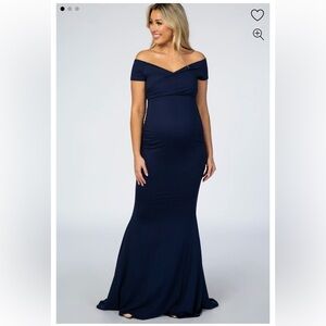 PinkBlush Navy Off Shoulder Wrap Maternity Dress or Photoshoot Gown - Medium